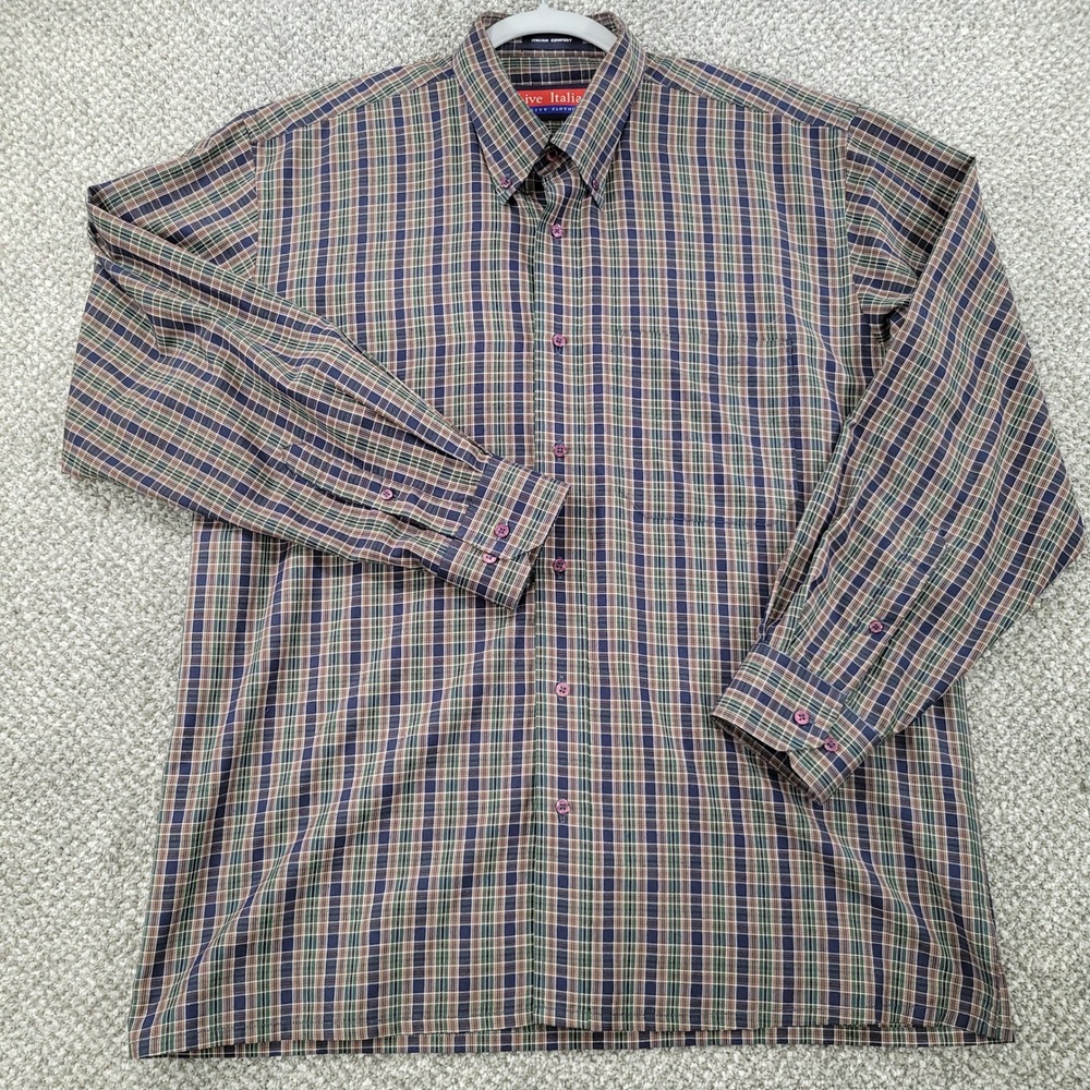 Live Italia Mens Plaid Button Down Shirt Navy Green Tan Italian Comfort 17.5 2XL
